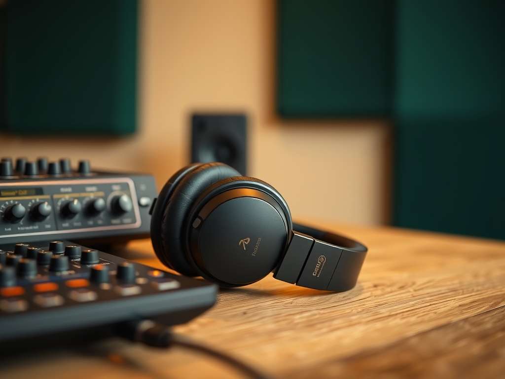 Matte zwarte podcast koptelefoon en audio-interface op eiken tafel met warme studioverlichting en groene panelen.