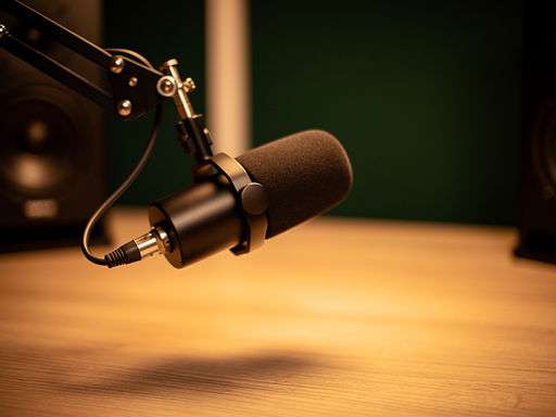 Close-up van matte zwarte podcast microfoon met warme rimverlichting en vage studio achtergrond.