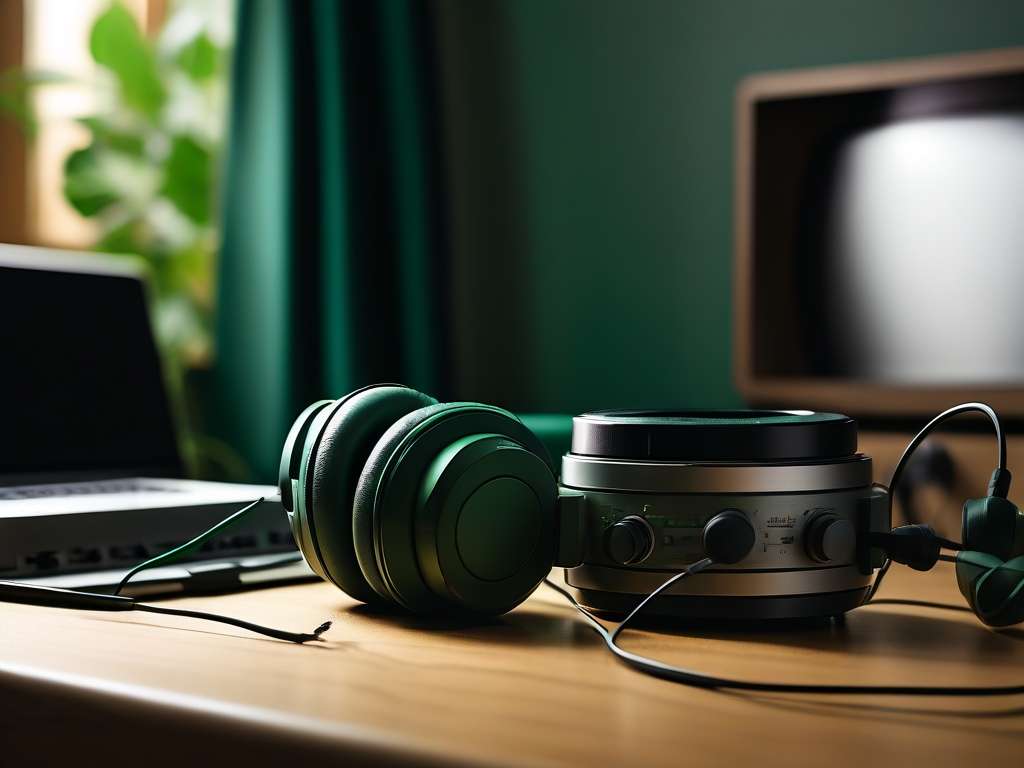 Hoofdtelefoon op eiken tafel naast een vintage bandrecorder met donkergroene gordijnen en warm licht.