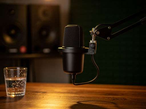 Close-up van matte zwarte podcastmicrofoon met warme tungsten verlichting en onscherpe groene akoestische achtergrond.