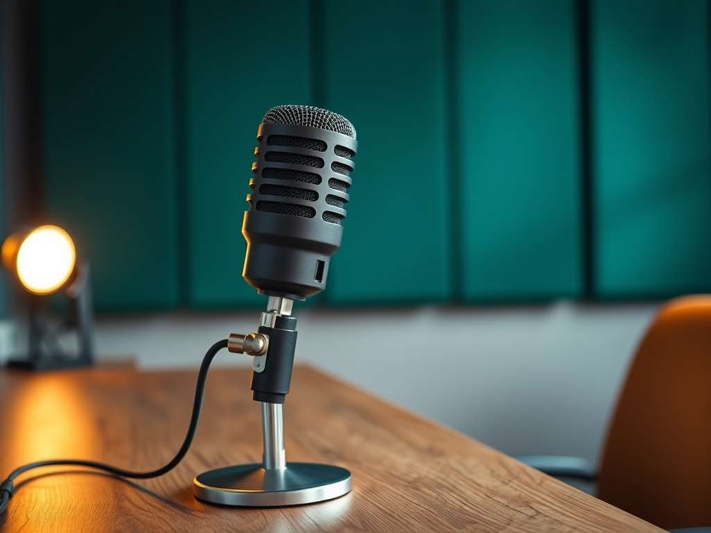 Close-up van een matzwarte podcastmicrofoon op een houten bureau met warme studiobelichting en groene akoestische panelen.