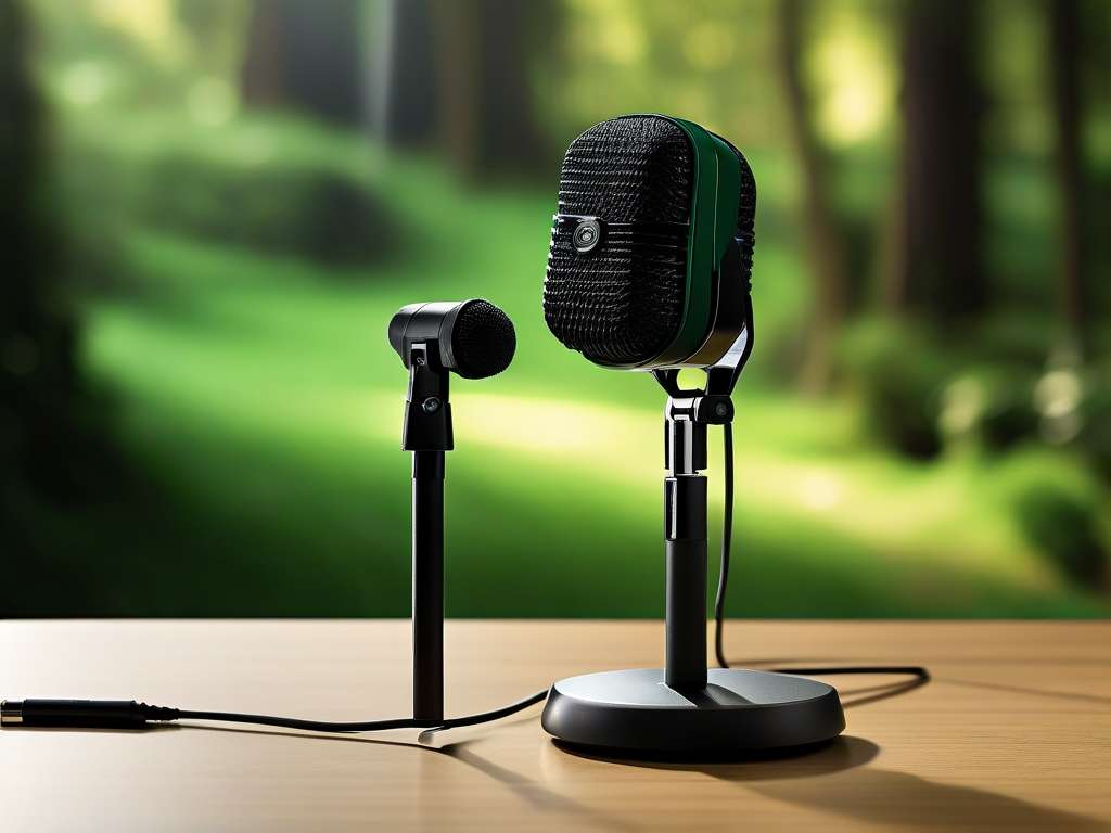 Close-up van matzwarte microfoon boven oiled oak blad met groene akoestische panelen op achtergrond.