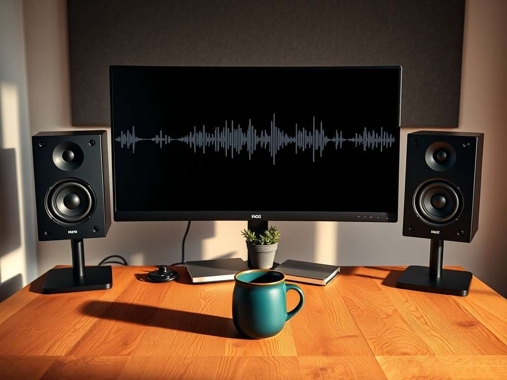 Minimalistisch podcast post-productie bureau met zwarte speakers en warme amber verlichting.