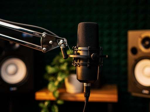 Close-up van matte zwarte podcastmicrofoon met warme zijdelingse belichting en groene akoestische achtergrond.