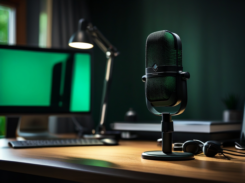 Close-up van matzwart podcastmicrofoon met warme achtergrondverlichting en donkergroene panelen in studio.