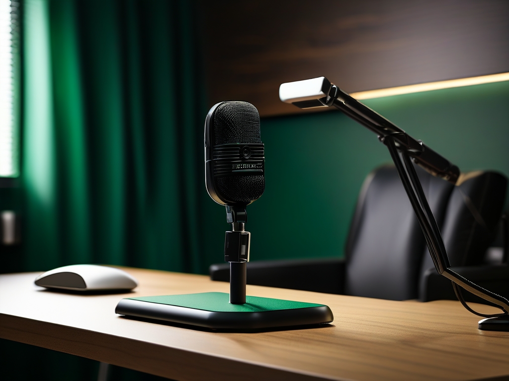 Close-up van een matte zwarte podcastmicrofoon met warme tungsten achtergrondverlichting en groene panelen.