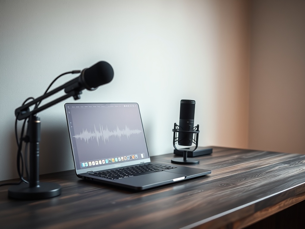Minimalistische podcast workspace met matte zwarte microfoon en donker eiken bureau in warme belichting.