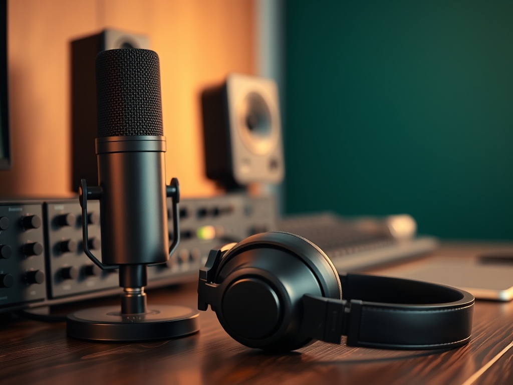 Close-up van hoogwaardige audioapparatuur op donker eiken bureau met warme tungsten verlichting.