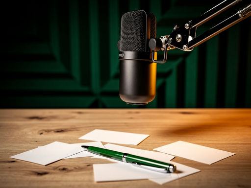 Zwart podcastmicrofoon en notitiekaartjes op eikenhouten bureau met warme verlichting.