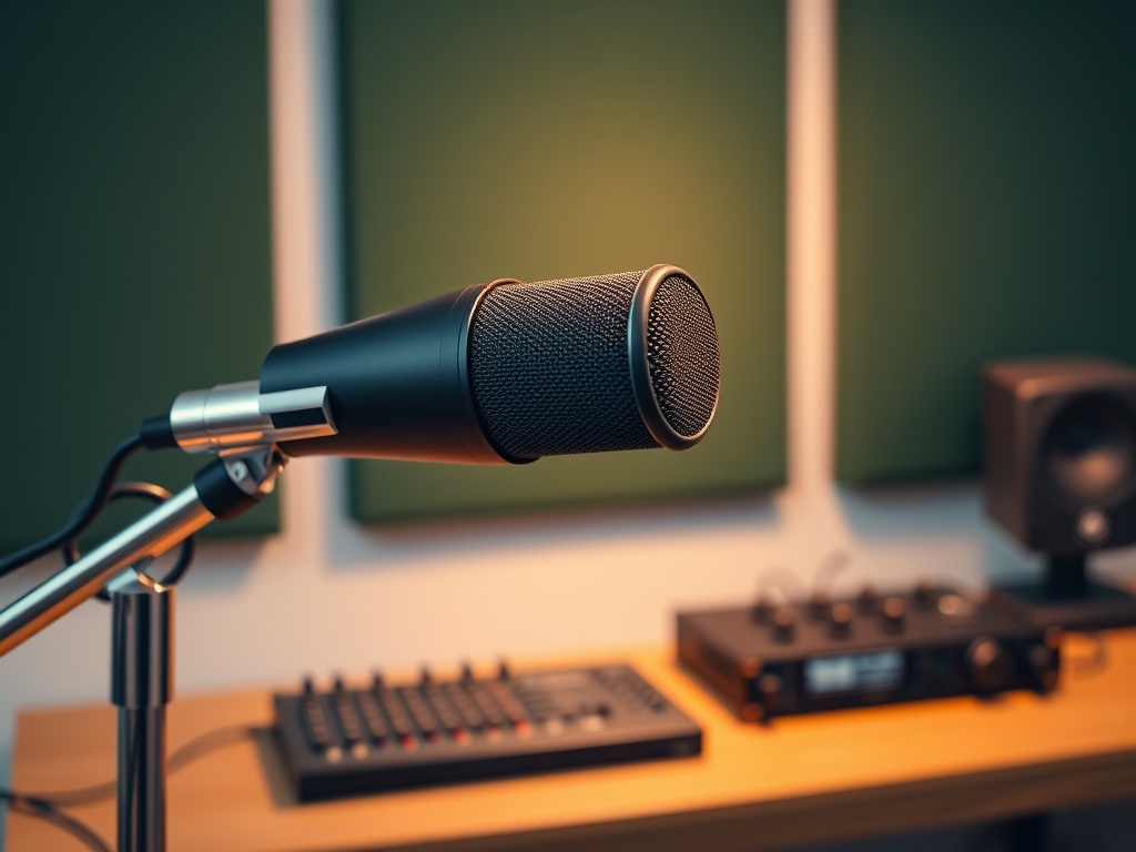 Close-up van een matte zwarte podcastmicrofoon met warme verlichting en donkergroene akoestische panelen op de achtergrond.