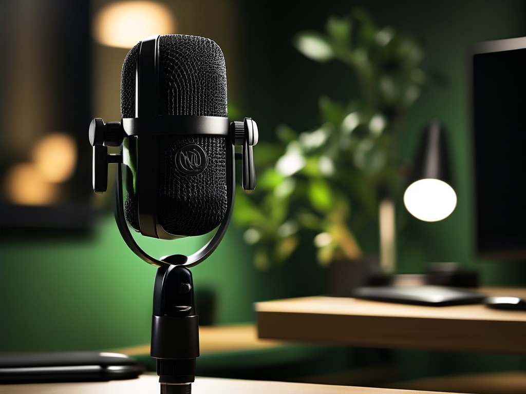 Close-up van matte zwarte podcastmicrofoon met warme tungsten achtergrondverlichting en onscherpe groene akoestische panelen.