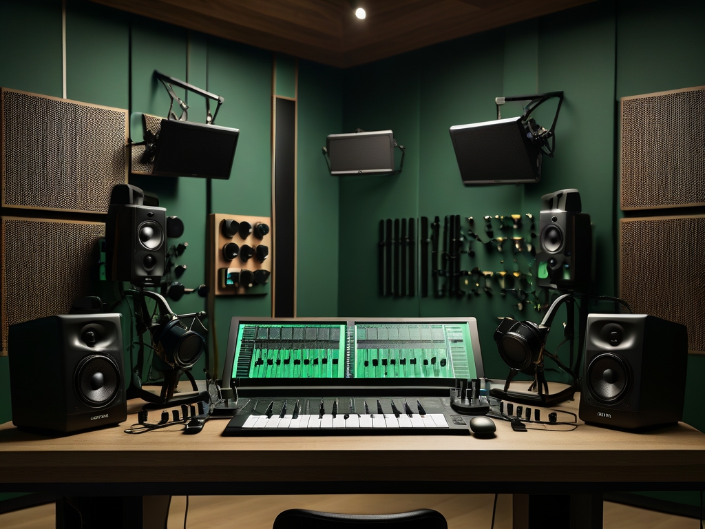 Professionele studio met zwarte microfoons, eikenhouten console en groene akoestische wanden in warm licht.