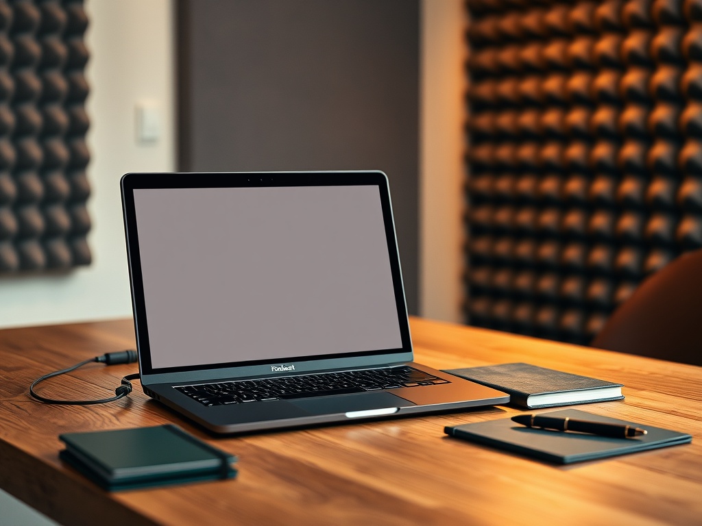 Laptop en notitieboek op eiken bureau met warme studiobelichting en groene details.