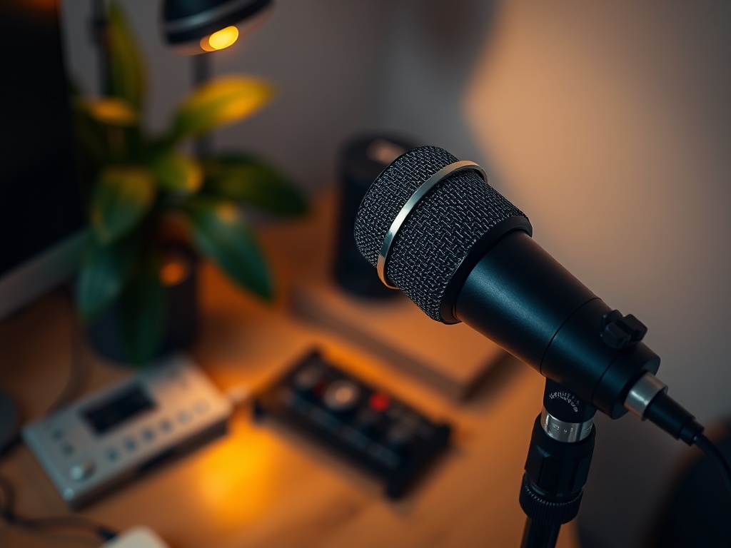Close-up van zwarte podcastmicrofoon met warme achtergrondlicht en natuurlijke materialen.
