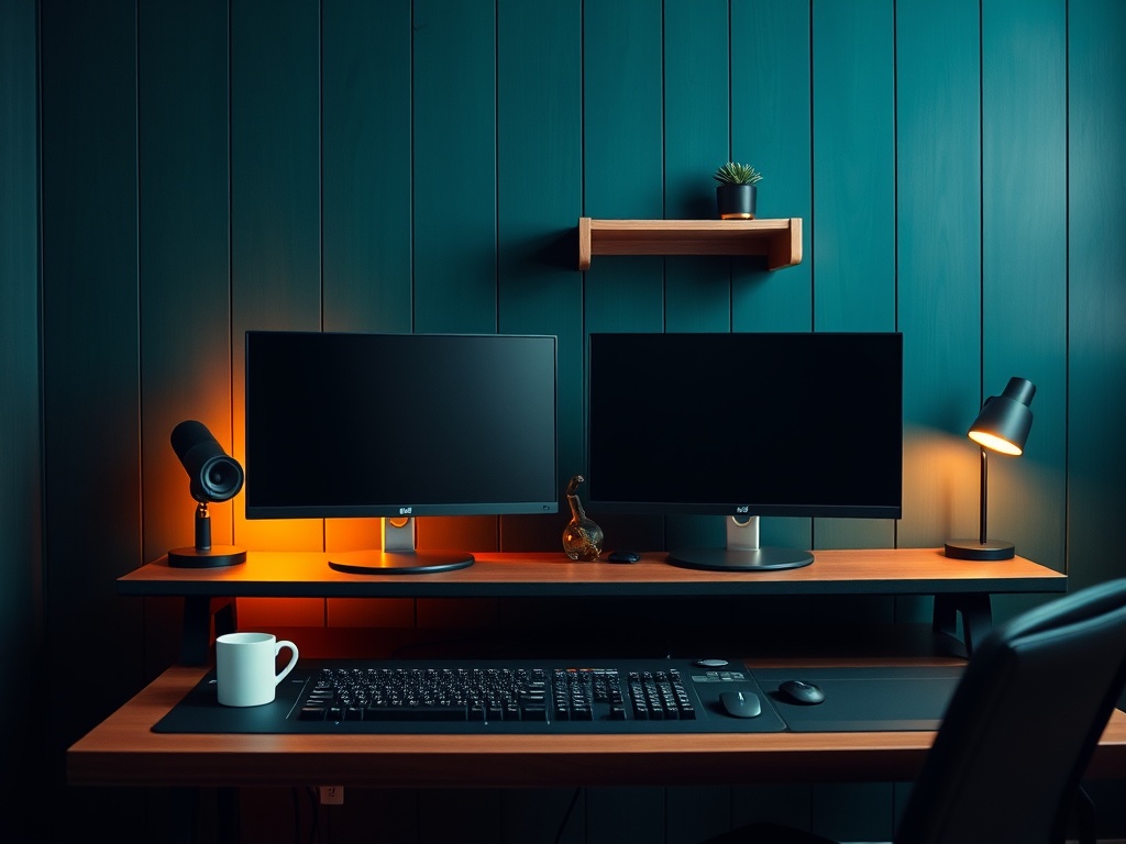 Minimalistische post-productie podcast bureau met mengpaneel, studio monitors en groene accenten in warme lichtval.