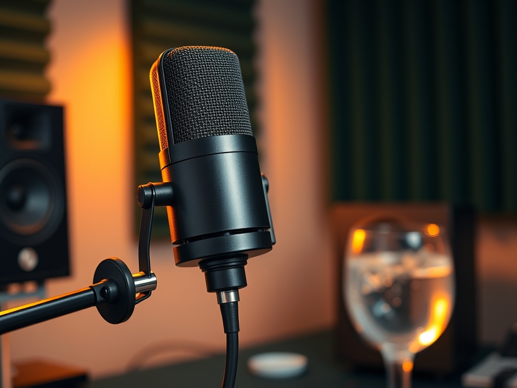 Close-up van een zwarte podcastmicrofoon met warm ruglicht en onscherpe studioapparatuur op de achtergrond.