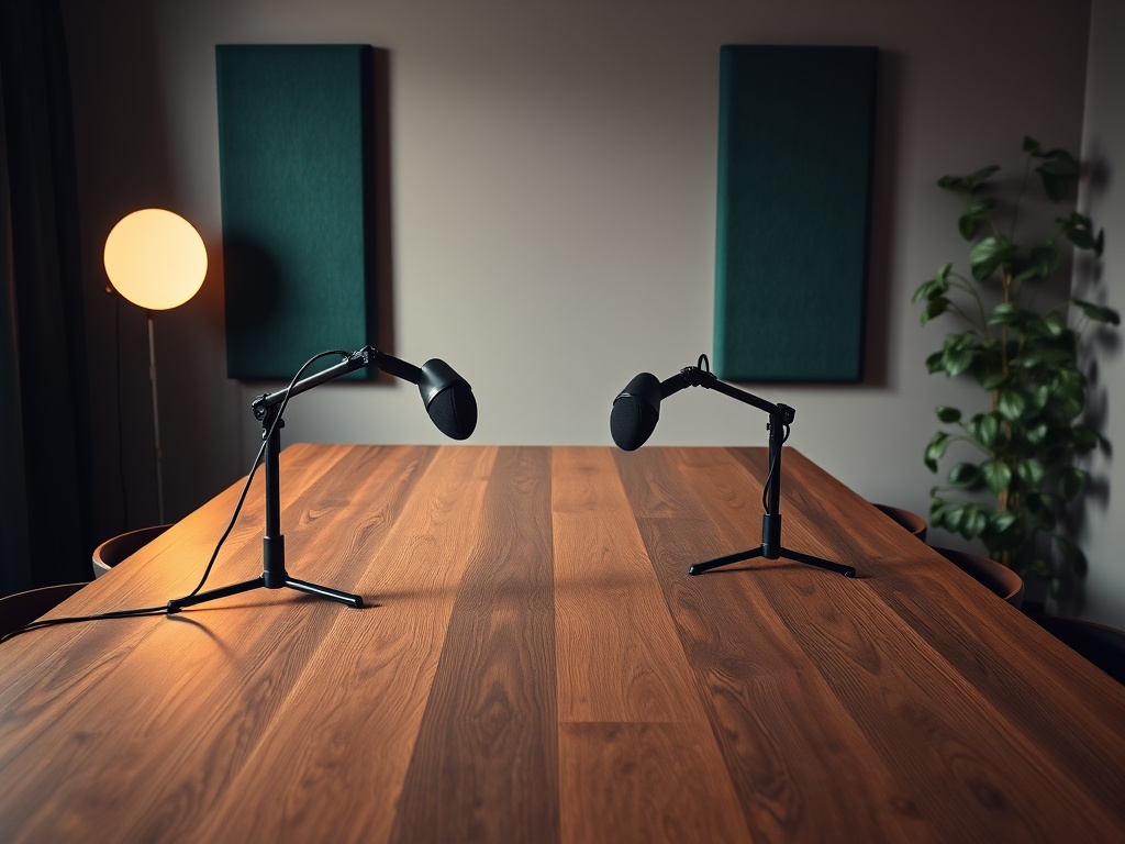 Elegante podcastwerkplek met twee matte zwarte microfoons op een eikenhouten tafel met groene akoestische panelen en warme verlichting.