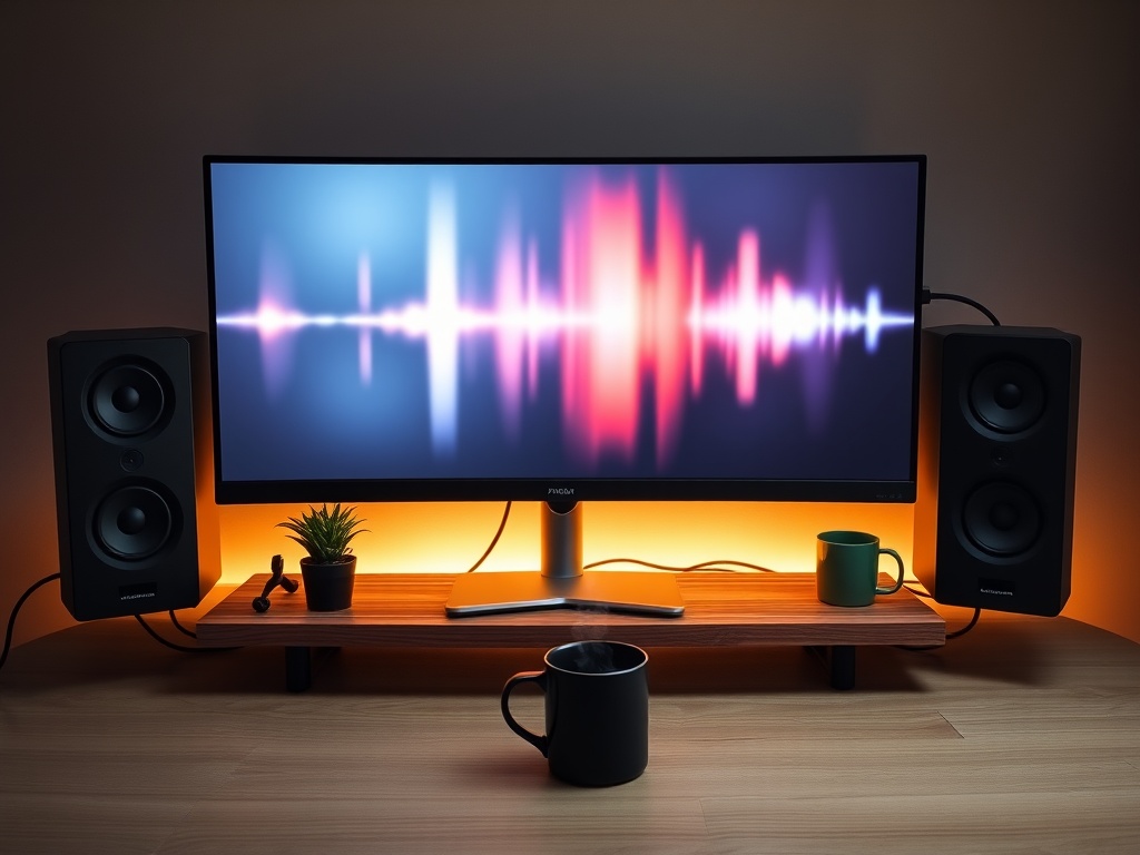 Minimalistische podcast post-productie werkplek met warme verlichting en natuurlijke materialen.