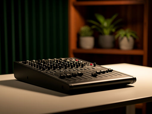 Moderne audiomixer met zachte warme verlichting en groene akoestische panelen op de achtergrond.