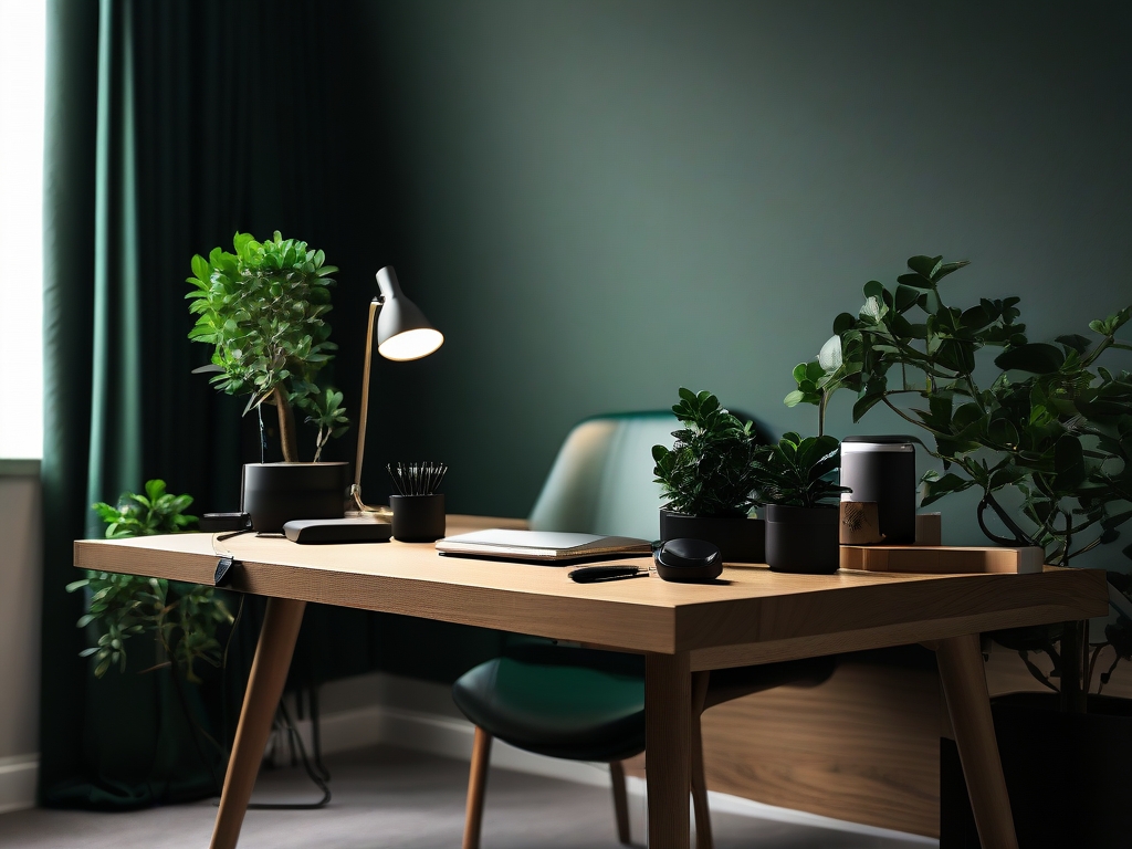 Minimalistische podcast opnamehoek met matte zwarte microfoon, oiled eiken bureau en donkergroene akoestische panelen, warme tungsten verlichting.